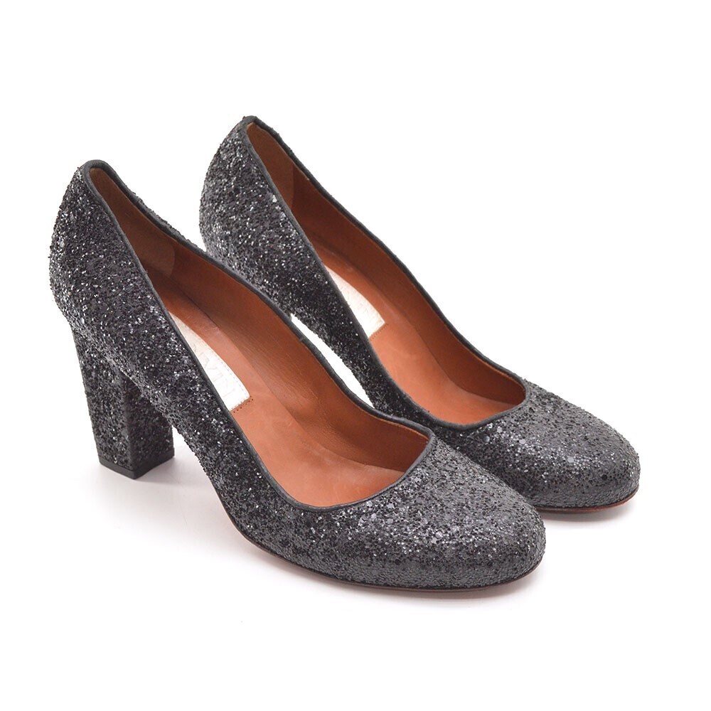 Lanvin Glitter Black Leather Round Toe Heels Pumps 37